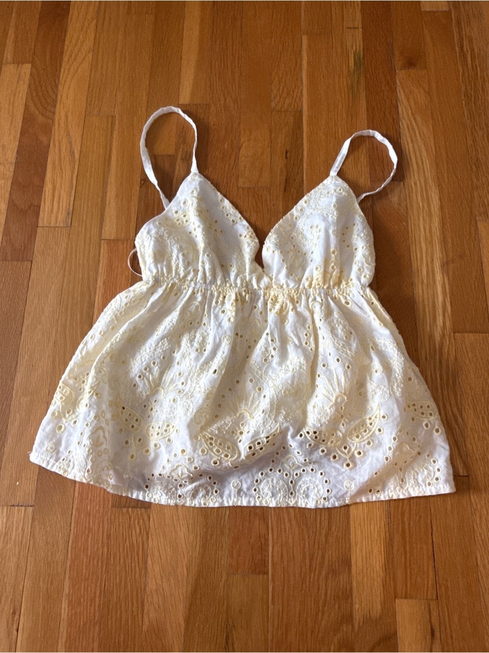 Subdued Eyelet V-Neck Spaghetti Strap Tank Top in Cream